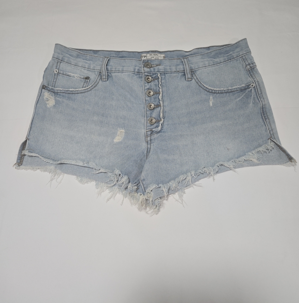 Free People Button Fly Distressed Denim Cotton Raw Hem Jean Shorts Blue Size 31